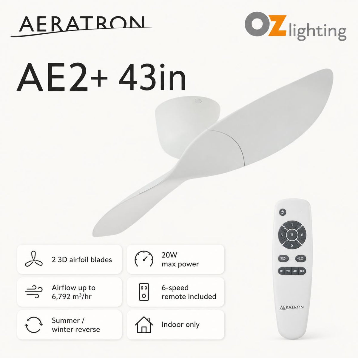 Aeratron AE2+ DC Ceiling Fan - 43" 1092mm 2 Blade-Aeratron-Ozlighting.com.au