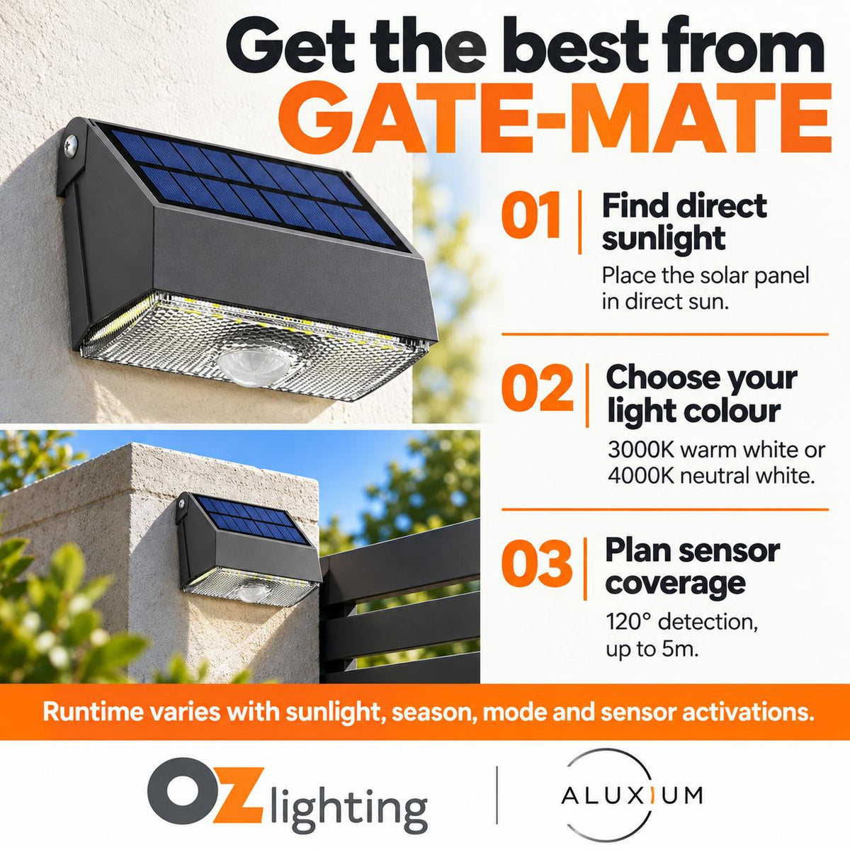 Aluxium GATE-MATE Solar Light - PIR Motion Sensor, CCT Adjustable, IP54-Aluxium-Ozlighting.com.au