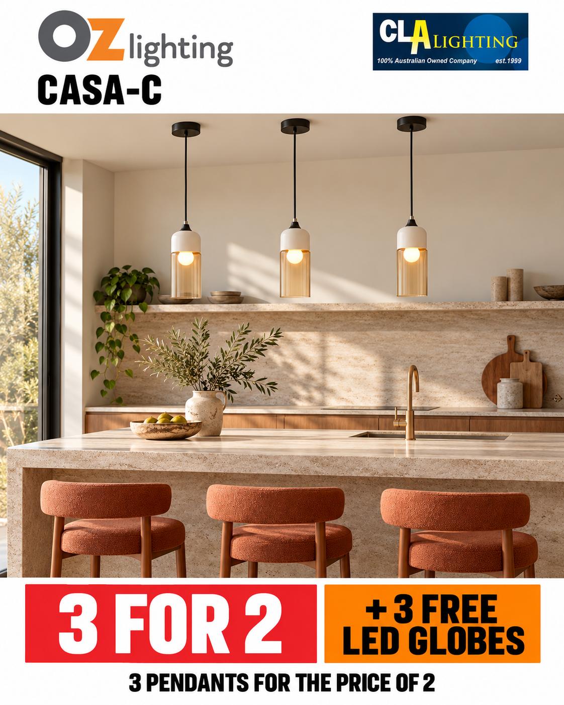 CLA CASA-C - 1 Light Pendant — 3 Pendants for the Price of 2 + 3 FREE LED Globes-CLA Lighting-Ozlighting.com.au