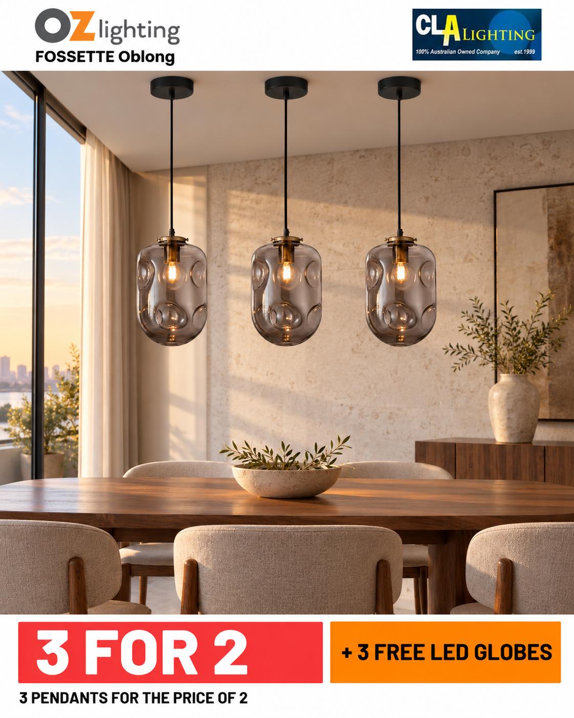 CLA FOSSETTE - 1 Light Pendant - Oblong — 3 Pendants for the Price of 2 + 3 FREE LED Globes-CLA Lighting-Ozlighting.com.au