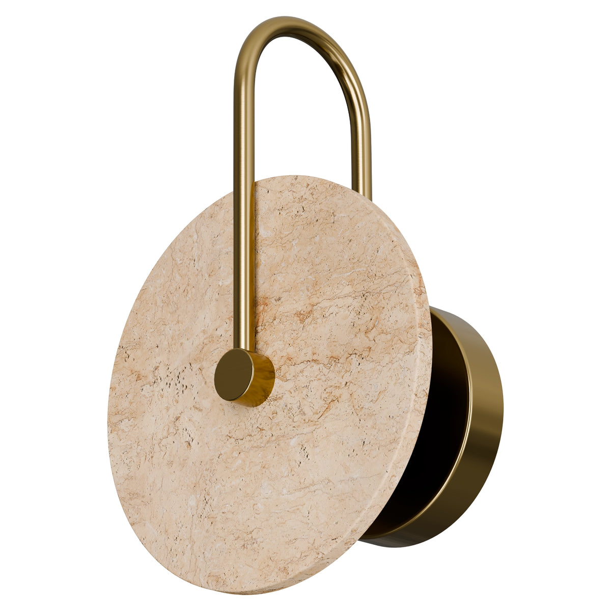 Calibo Orville Travertine LED Wall Light - 200mm Round Disc, Brass Handle, Beige-Calibo-Ozlighting.com.au