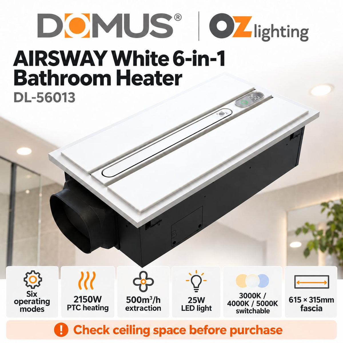 Domus AIRSWAY 6-In-1 Premium PTC Bathroom Heater-Domus Lighting-Ozlighting.com.au