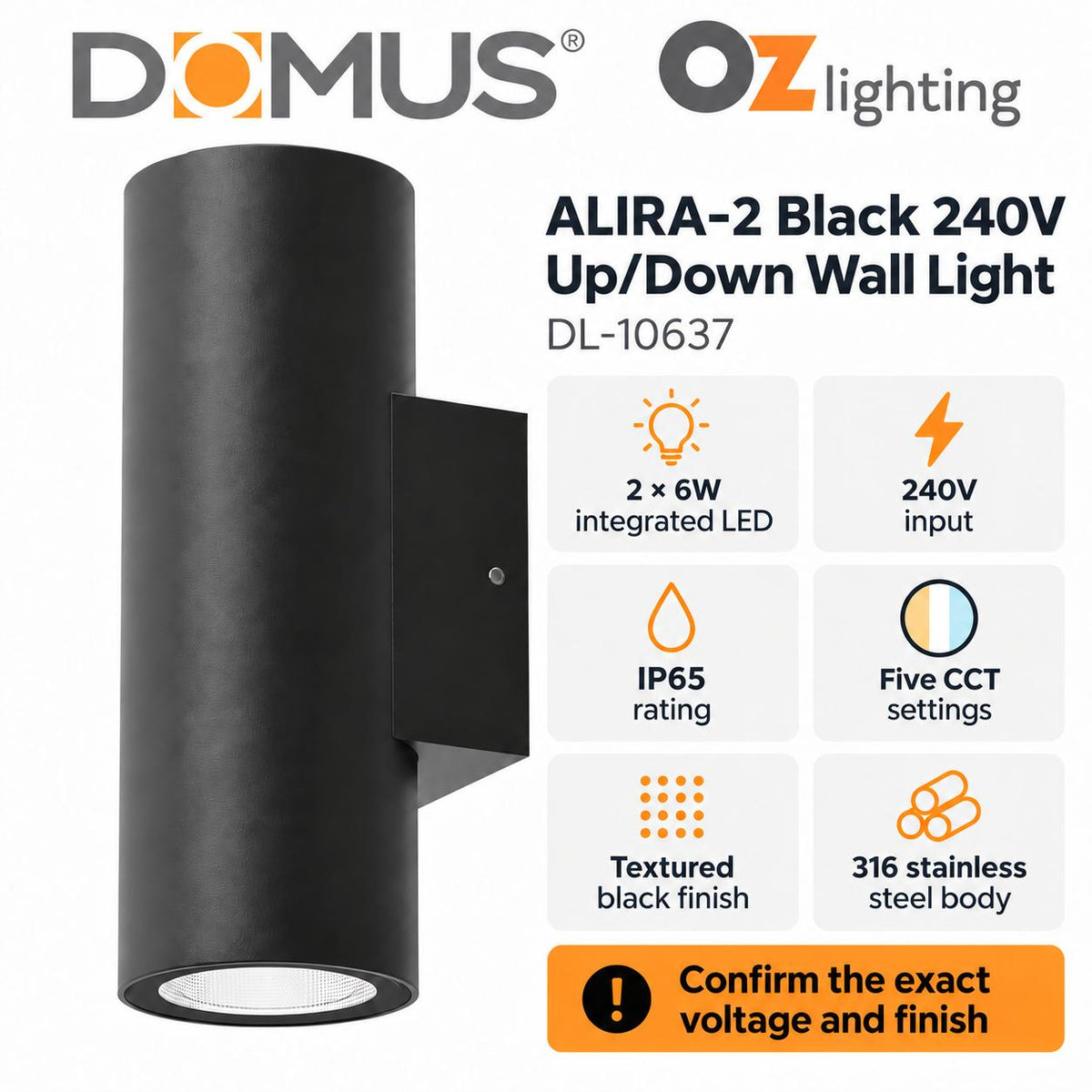 Domus ALIRA-2 Up/Down Wall Light - 240V, IP65-Domus Lighting-Ozlighting.com.au