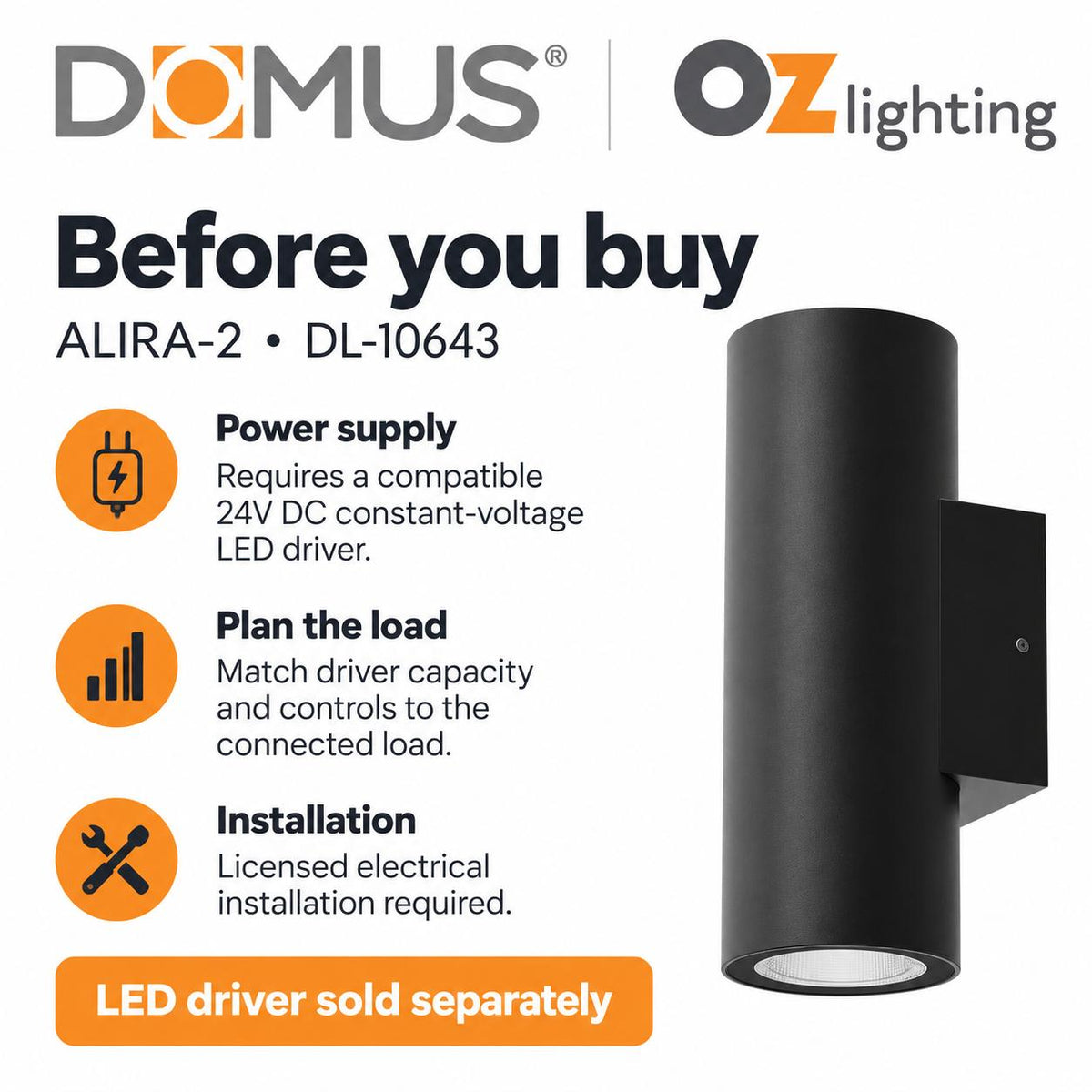 Domus ALIRA-2 Up/Down Wall Light - 24V DC, IP65 - DRIVER REQUIRED-Domus Lighting-Ozlighting.com.au