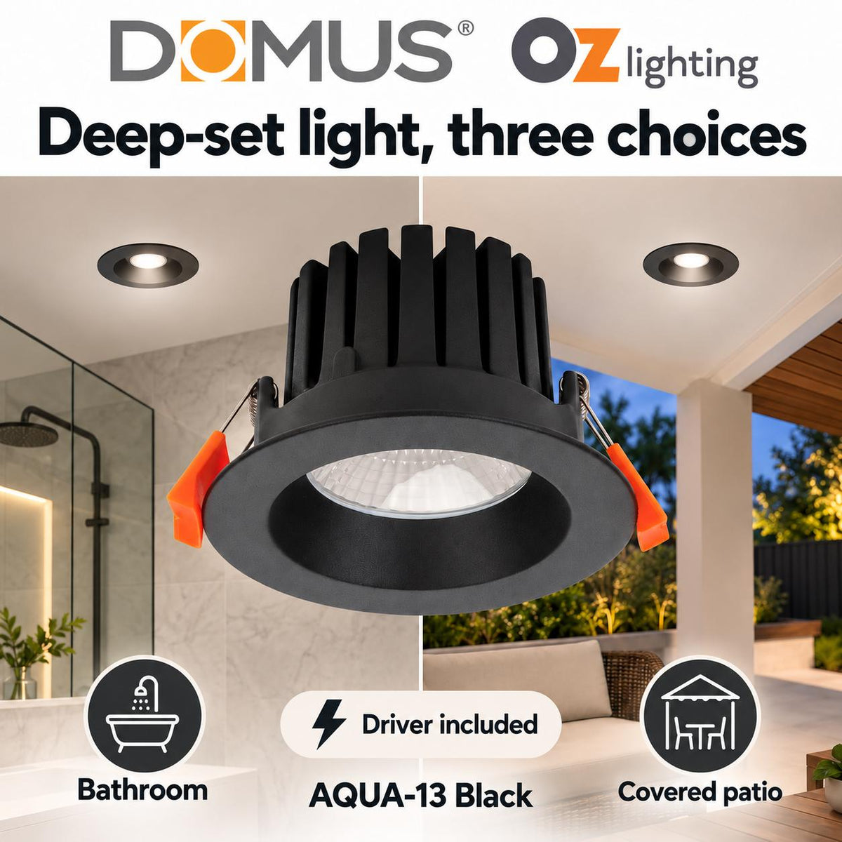 Domus AQUA-13-TRIO LED Downlight - 13W, Tri-Colour, Dimmable, IP65, Deep Face-Domus Lighting-Ozlighting.com.au