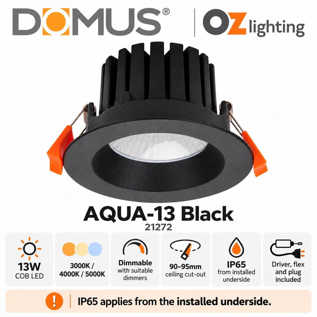 Domus AQUA-13-TRIO LED Downlight - 13W, Tri-Colour, Dimmable, IP65, Deep Face-Domus Lighting-Ozlighting.com.au