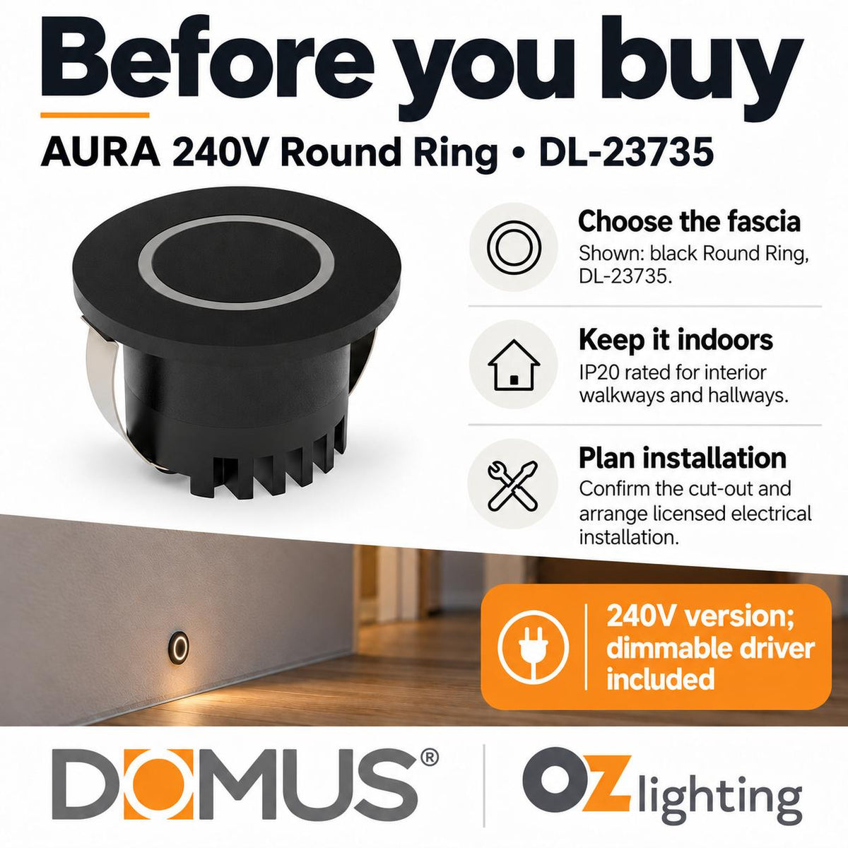 Domus AURA-240V-RND-BLK LED Step Light - 3W, 240V, Tri-Colour, IP20, Recessed, Round, 45mm, Black-Domus Lighting-Ozlighting.com.au