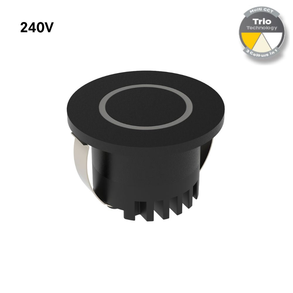 Domus AURA-240V-RND-BLK LED Step Light - 3W, 240V, Tri-Colour, IP20, Recessed, Round, 45mm, Black-Domus Lighting-Ozlighting.com.au