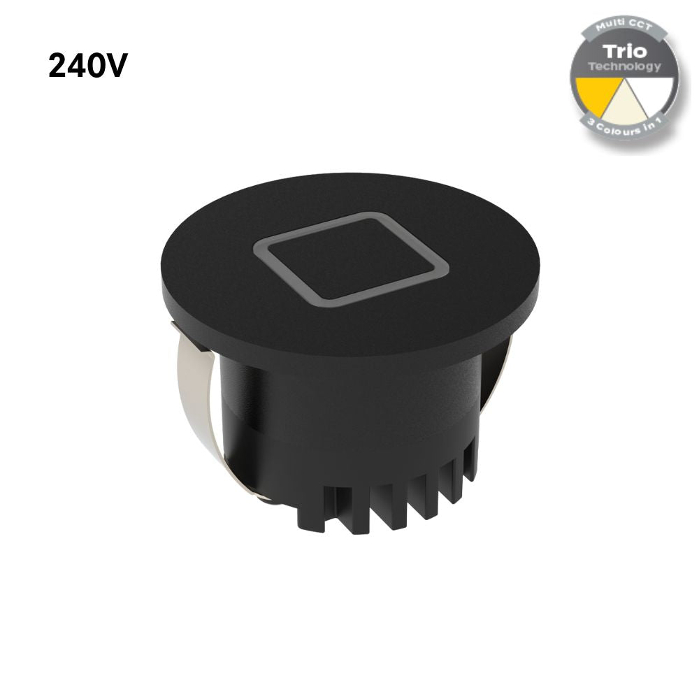 Domus AURA-240V-RND-BLK LED Step Light - 3W, 240V, Tri-Colour, IP20, Recessed, Round, 45mm, Black-Domus Lighting-Ozlighting.com.au