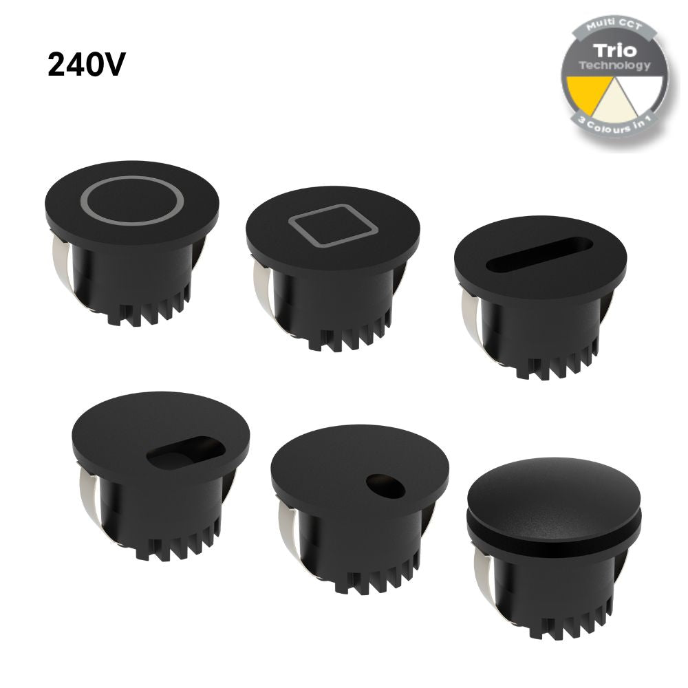 Domus AURA-240V-RND-BLK LED Step Light - 3W, 240V, Tri-Colour, IP20, Recessed, Round, 45mm, Black-Domus Lighting-Ozlighting.com.au