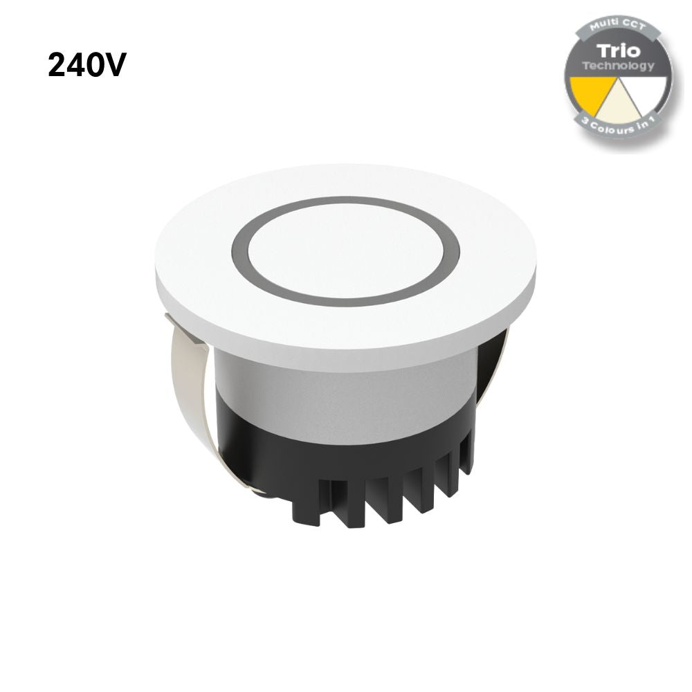 Domus AURA-240V-RND-WHT LED Step Light - 3W, 240V, Tri-Colour, IP20, Recessed, Round, 45mm, White-Domus Lighting-Ozlighting.com.au
