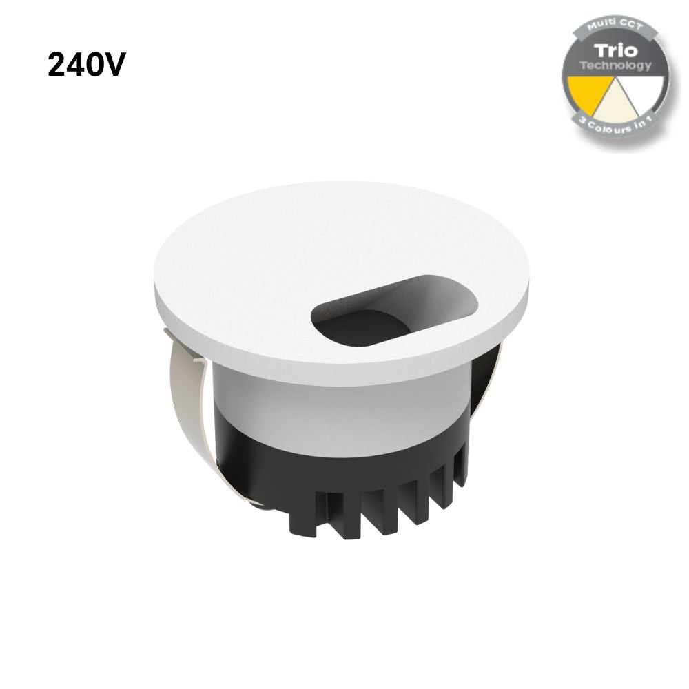 Domus AURA-240V-RND-WHT LED Step Light - 3W, 240V, Tri-Colour, IP20, Recessed, Round, 45mm, White-Domus Lighting-Ozlighting.com.au