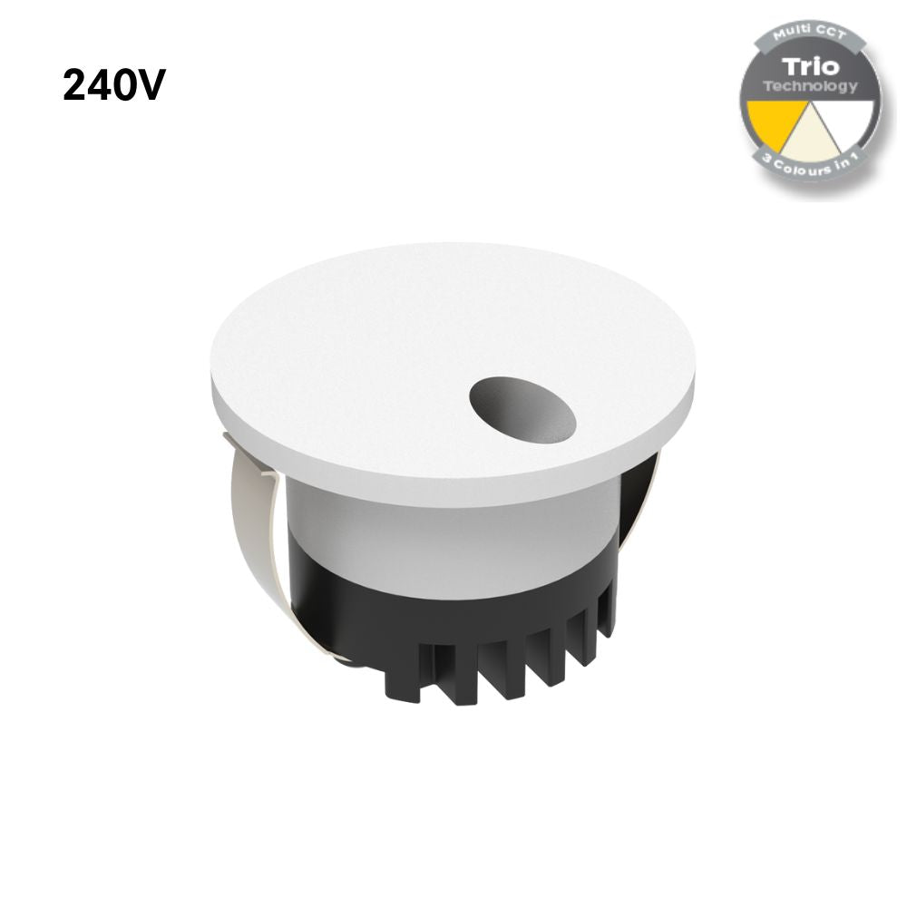 Domus AURA-240V-RND-WHT LED Step Light - 3W, 240V, Tri-Colour, IP20, Recessed, Round, 45mm, White-Domus Lighting-Ozlighting.com.au