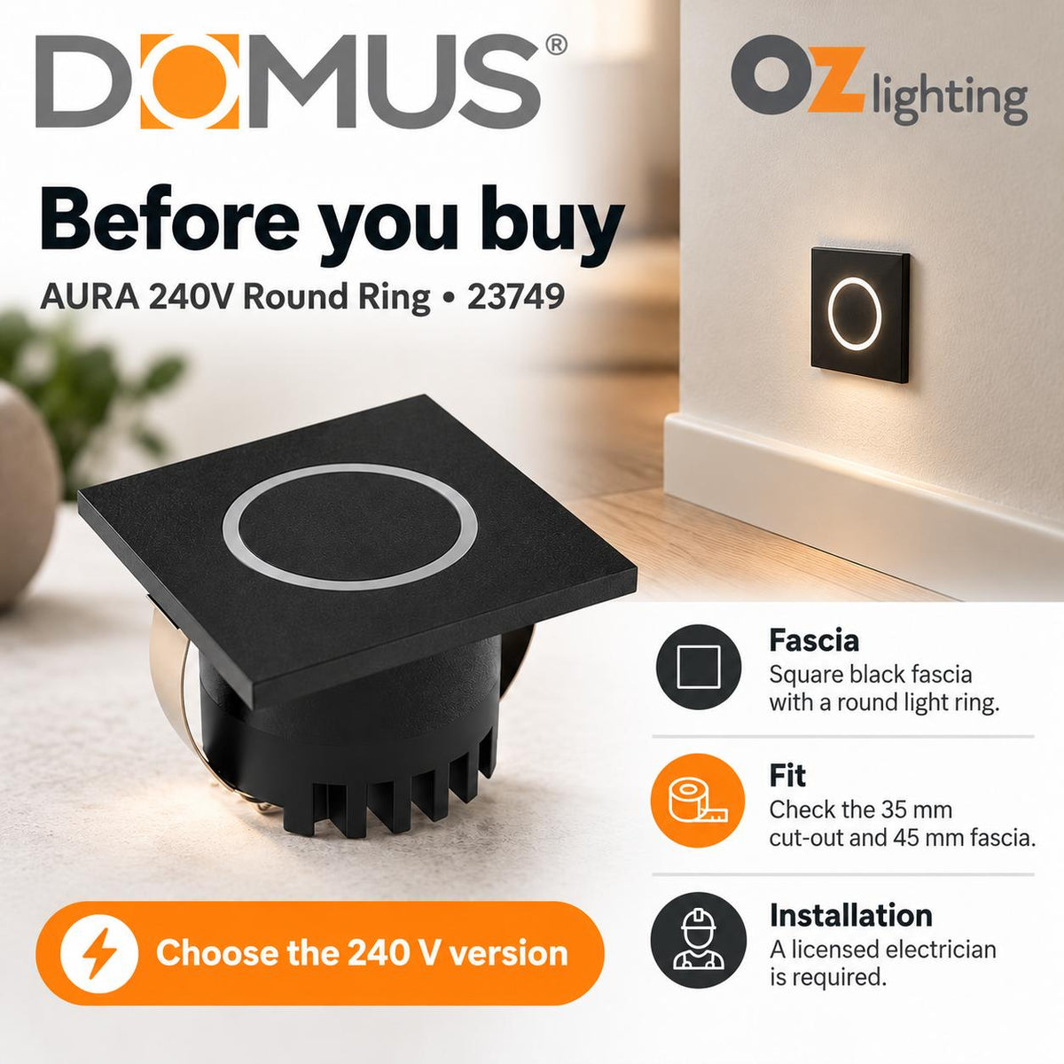 Domus AURA-240V-SQR-BLK LED Step Light - 3W, 240V, Tri-Colour, IP20, Recessed, Square, 45mm, Black-Domus Lighting-Ozlighting.com.au