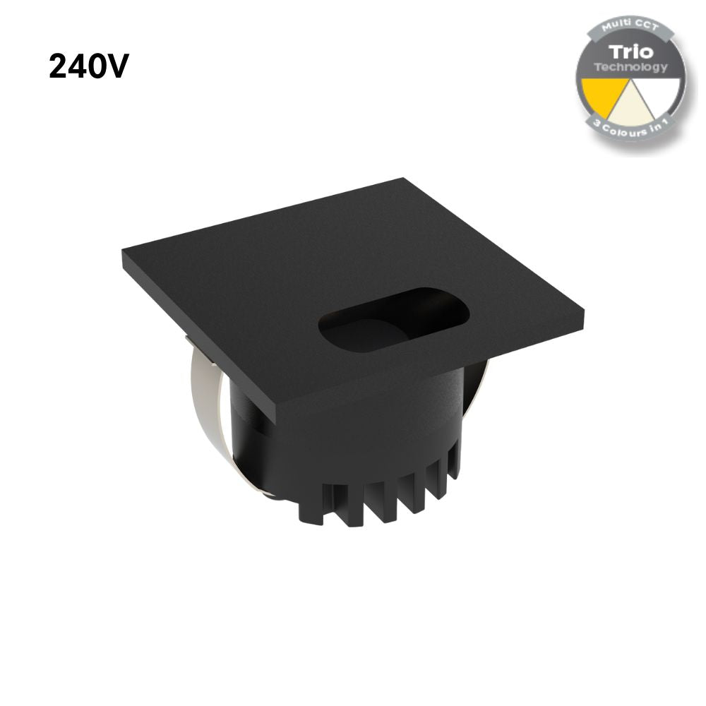 Domus AURA-240V-SQR-BLK LED Step Light - 3W, 240V, Tri-Colour, IP20, Recessed, Square, 45mm, Black-Domus Lighting-Ozlighting.com.au