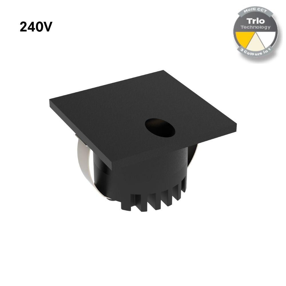 Domus AURA-240V-SQR-BLK LED Step Light - 3W, 240V, Tri-Colour, IP20, Recessed, Square, 45mm, Black-Domus Lighting-Ozlighting.com.au