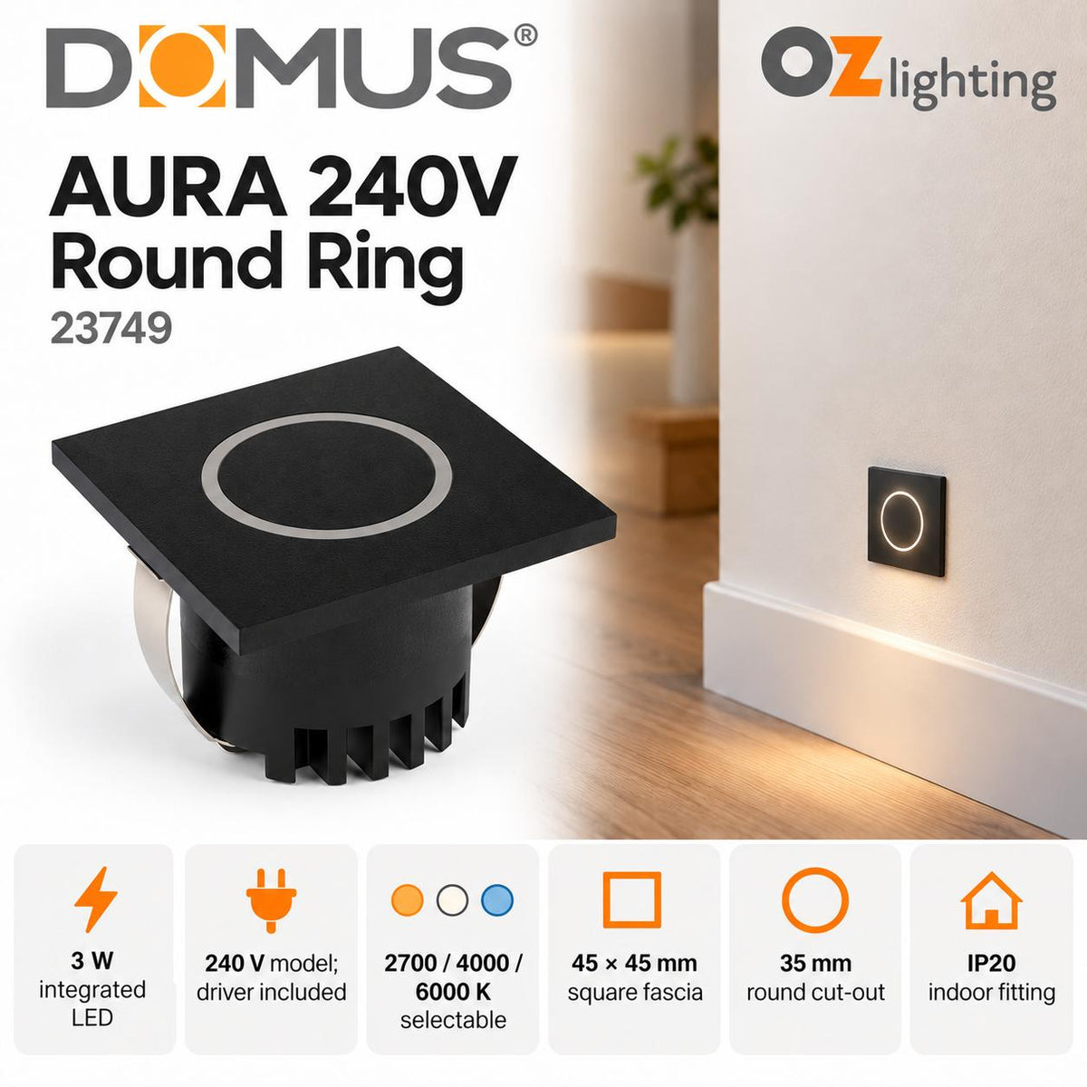 Domus AURA-240V-SQR-BLK LED Step Light - 3W, 240V, Tri-Colour, IP20, Recessed, Square, 45mm, Black-Domus Lighting-Ozlighting.com.au