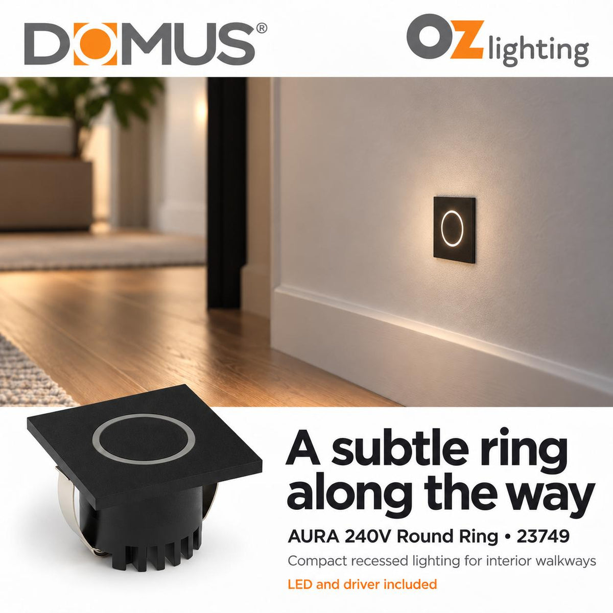 Domus AURA-240V-SQR-BLK LED Step Light - 3W, 240V, Tri-Colour, IP20, Recessed, Square, 45mm, Black-Domus Lighting-Ozlighting.com.au
