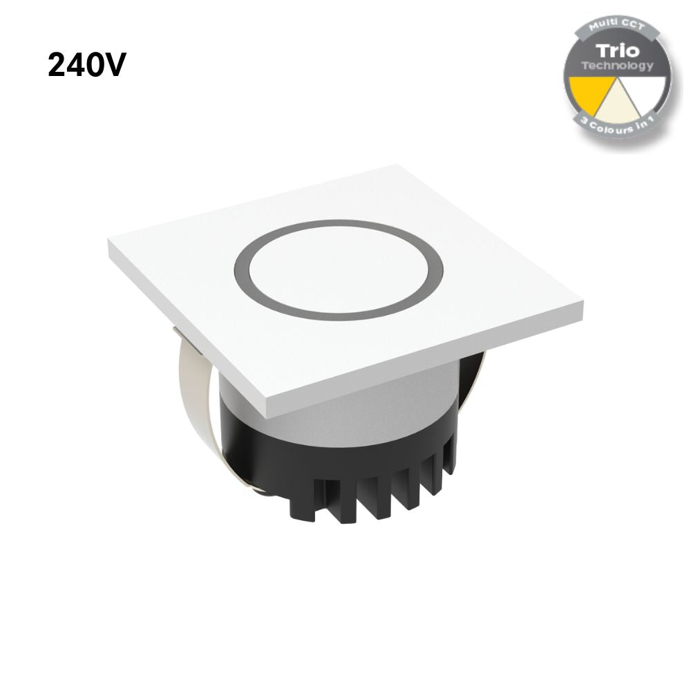 Domus AURA-240V-SQR-WHT LED Step Light - 3W, 240V, Tri-Colour, IP20, Recessed, Square, 45mm, White-Domus Lighting-Ozlighting.com.au
