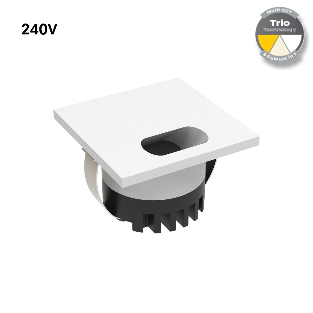 Domus AURA-240V-SQR-WHT LED Step Light - 3W, 240V, Tri-Colour, IP20, Recessed, Square, 45mm, White-Domus Lighting-Ozlighting.com.au