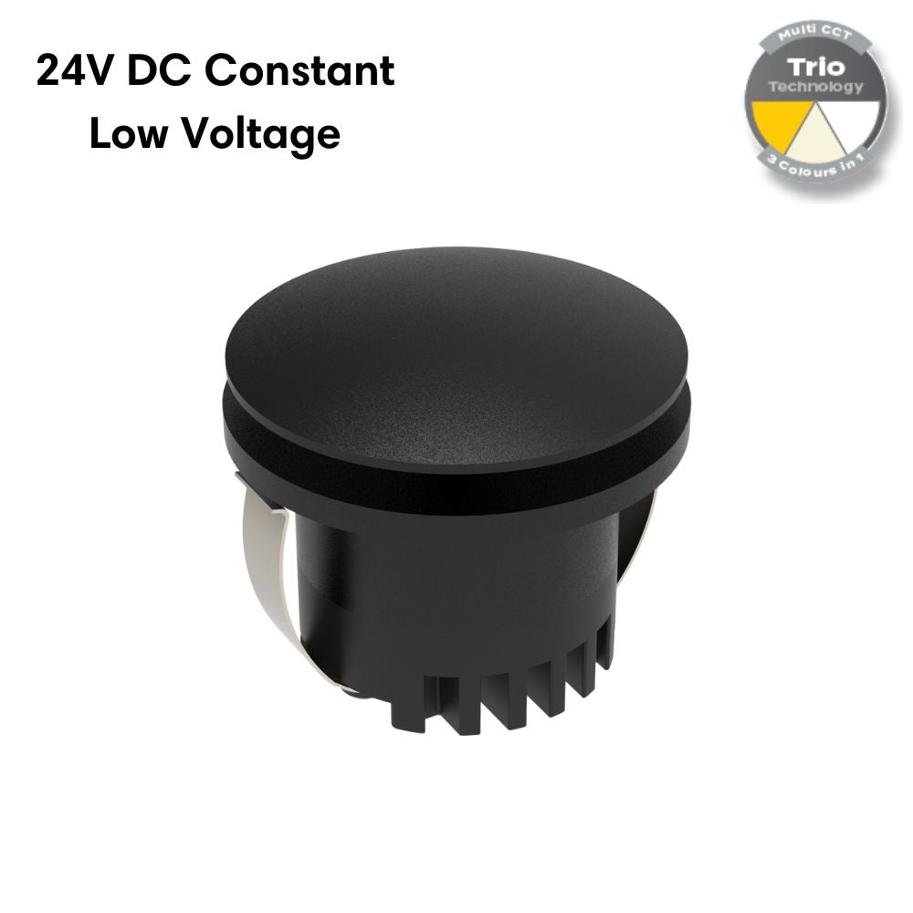 Domus AURA-24V-RND-BLK LED Step Light - 3W, 24V DC, Tri-Colour, IP20, Recessed, Round, 45mm, Black - DRIVER REQUIRED-Domus Lighting-Ozlighting.com.au