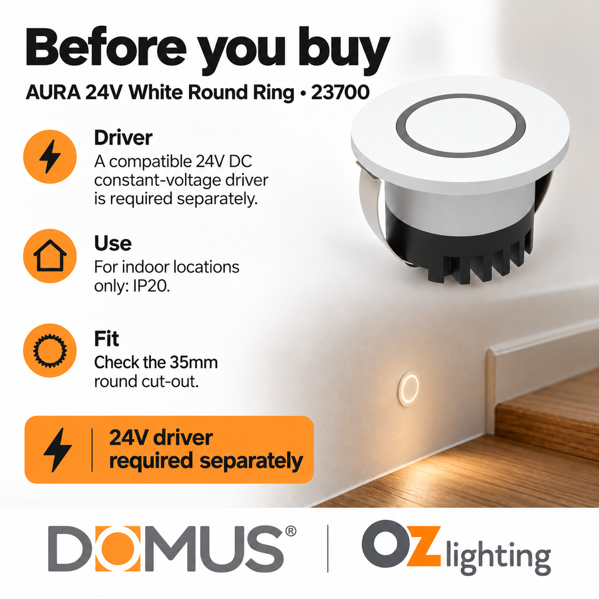 Domus AURA-24V-RND-WHT LED Step Light - 3W, 24V DC, Tri-Colour, IP20, Recessed, Round, 45mm, White - DRIVER REQUIRED-Domus Lighting-Ozlighting.com.au