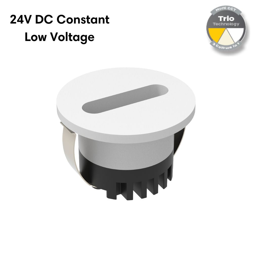Domus AURA-24V-RND-WHT LED Step Light - 3W, 24V DC, Tri-Colour, IP20, Recessed, Round, 45mm, White - DRIVER REQUIRED-Domus Lighting-Ozlighting.com.au