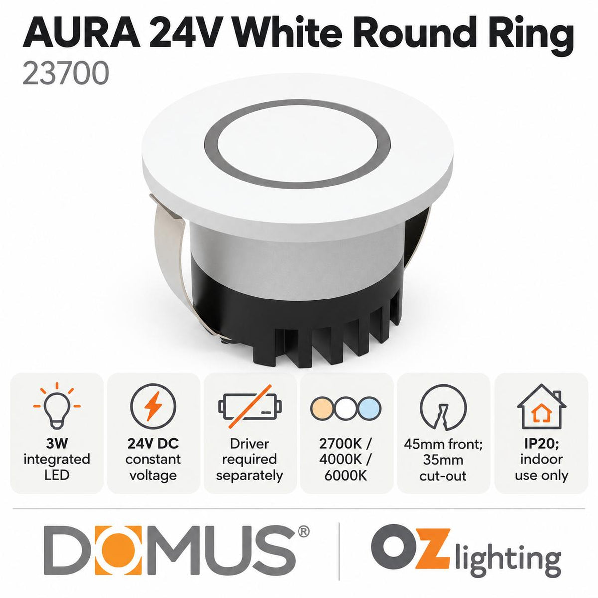 Domus AURA-24V-RND-WHT LED Step Light - 3W, 24V DC, Tri-Colour, IP20, Recessed, Round, 45mm, White - DRIVER REQUIRED-Domus Lighting-Ozlighting.com.au