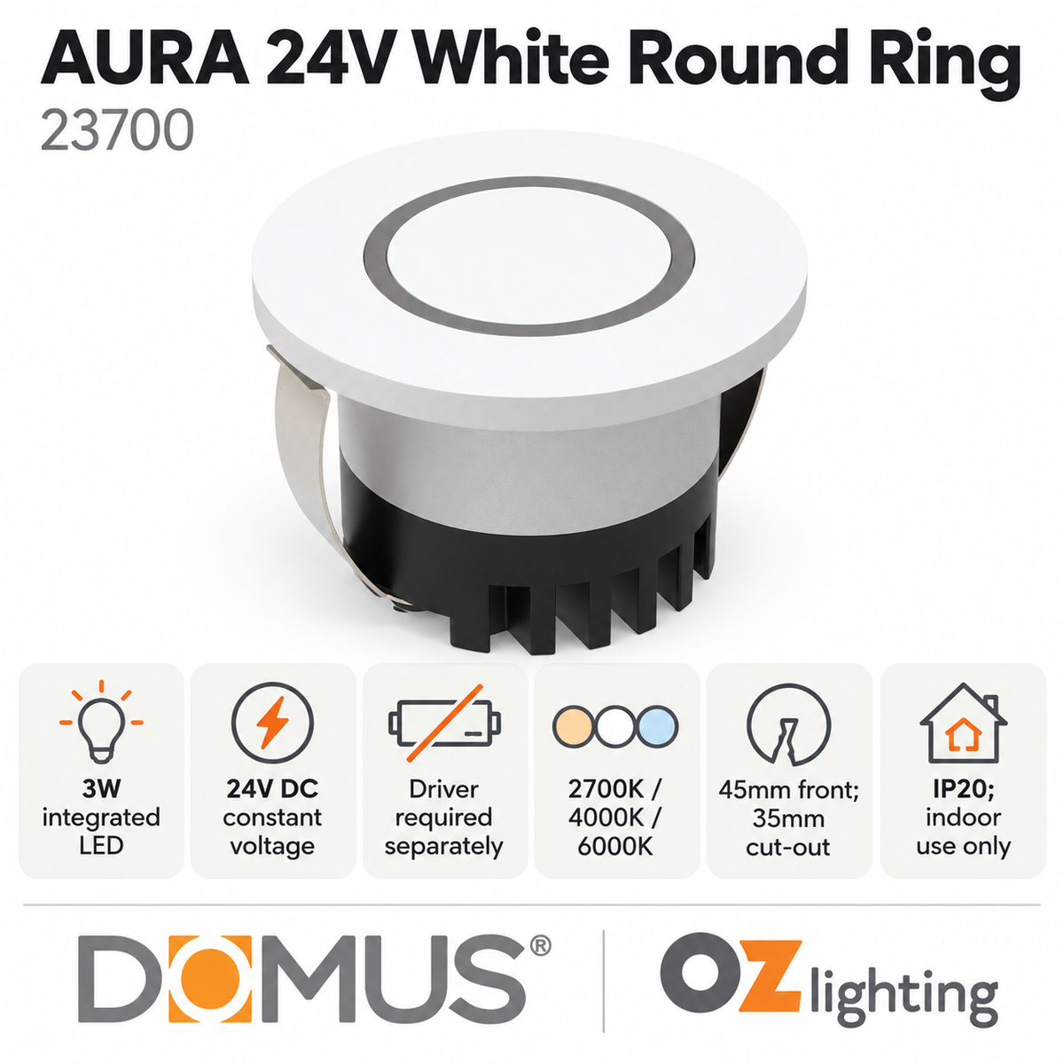 Domus AURA-24V-RND-WHT LED Step Light - 3W, 24V DC, Tri-Colour, IP20, Recessed, Round, 45mm, White - DRIVER REQUIRED-Domus Lighting-Ozlighting.com.au