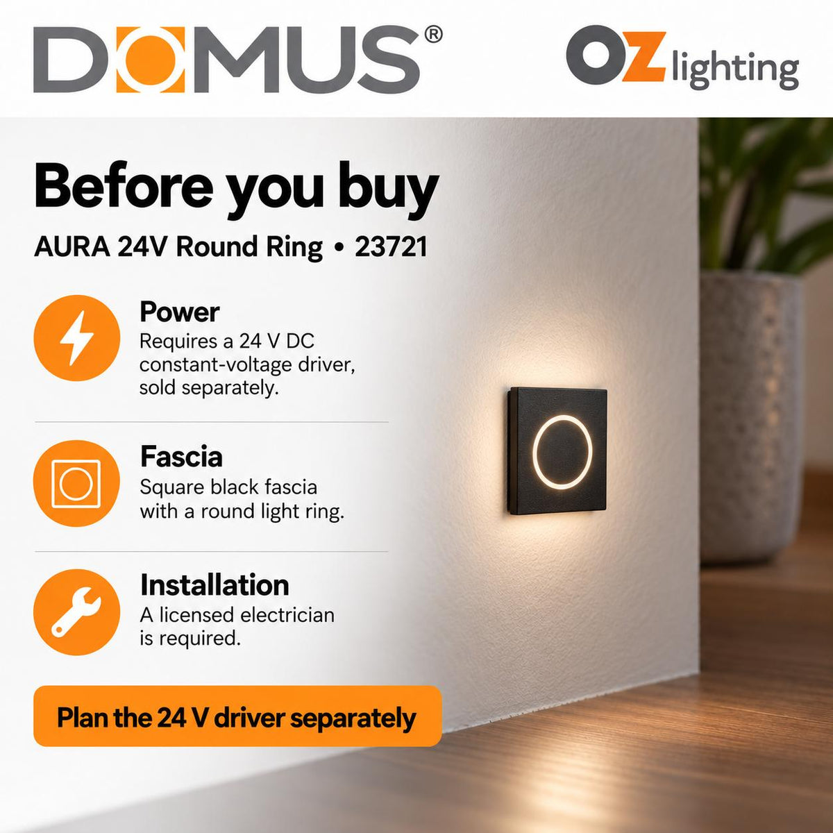 Domus AURA-24V-SQR-BLK LED Step Light - 3W, 24V DC, Tri-Colour, IP20, Recessed, Square, 45mm, Black - DRIVER REQUIRED-Domus Lighting-Ozlighting.com.au