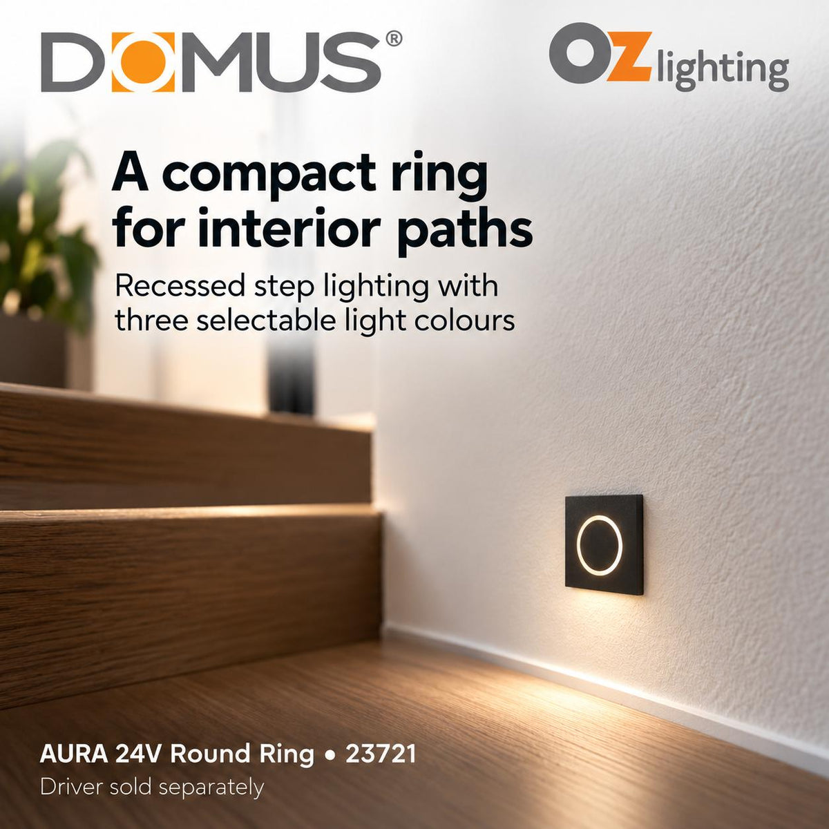 Domus AURA-24V-SQR-BLK LED Step Light - 3W, 24V DC, Tri-Colour, IP20, Recessed, Square, 45mm, Black - DRIVER REQUIRED-Domus Lighting-Ozlighting.com.au