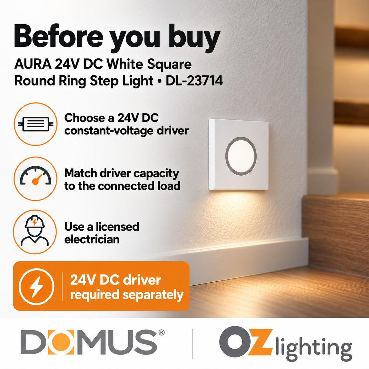 Domus AURA-24V-SQR-WHT LED Step Light - 3W, 24V DC, Tri-Colour, IP20, Recessed, Square, 45mm, White - DRIVER REQUIRED-Domus Lighting-Ozlighting.com.au