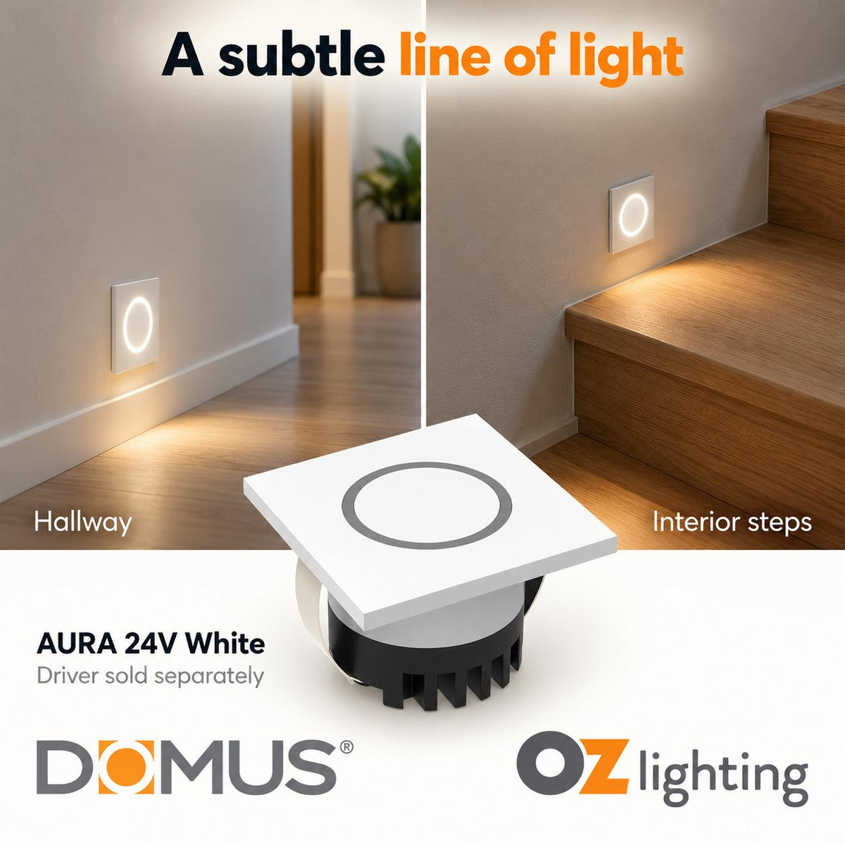Domus AURA-24V-SQR-WHT LED Step Light - 3W, 24V DC, Tri-Colour, IP20, Recessed, Square, 45mm, White - DRIVER REQUIRED-Domus Lighting-Ozlighting.com.au
