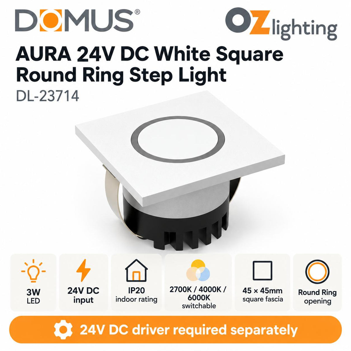 Domus AURA-24V-SQR-WHT LED Step Light - 3W, 24V DC, Tri-Colour, IP20, Recessed, Square, 45mm, White - DRIVER REQUIRED-Domus Lighting-Ozlighting.com.au