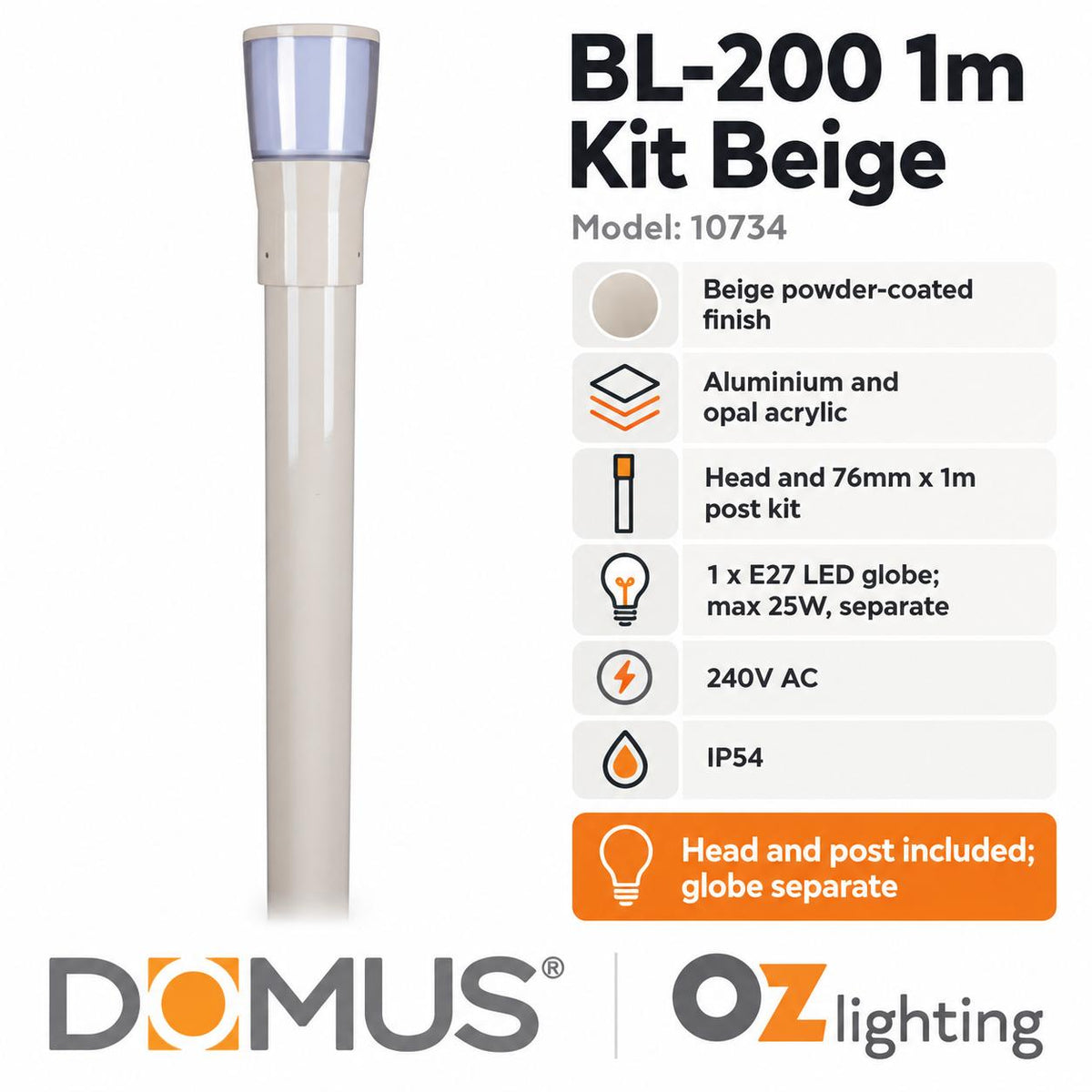 Domus BL-200-1M-KIT Bollard Head Kit - 1m, Conical-Domus Lighting-Ozlighting.com.au
