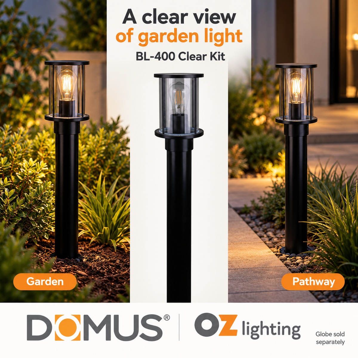 Domus BL-400-1M-KIT Bollard Head Kit - 1m, Cylindrical, Black — Two suitable alternative applications; Globe sold separately — Ozlighting