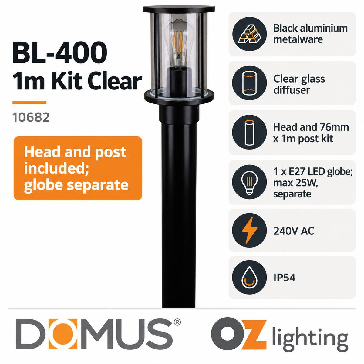 Domus BL-400-1M-KIT Bollard Head Kit - 1m, Cylindrical, Black-Domus Lighting-Ozlighting.com.au