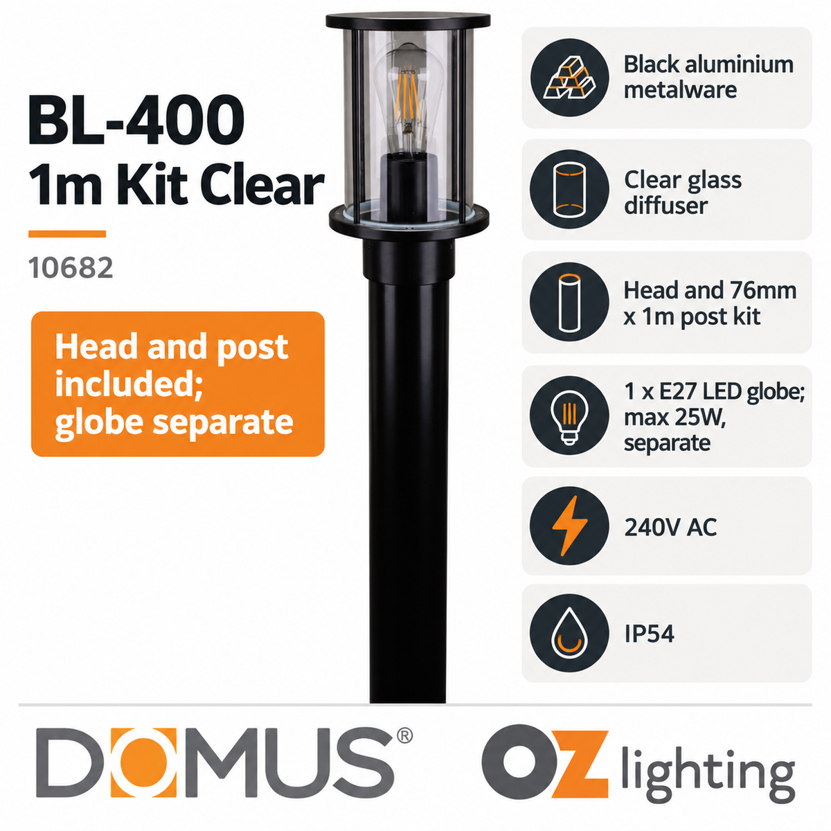 Domus BL-400-1M-KIT Bollard Head Kit - 1m, Cylindrical, Black — Verified product details — Ozlighting
