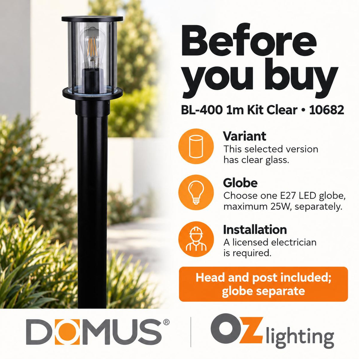 Domus BL-400-1M-KIT Bollard Head Kit - 1m, Cylindrical, Black-Domus Lighting-Ozlighting.com.au