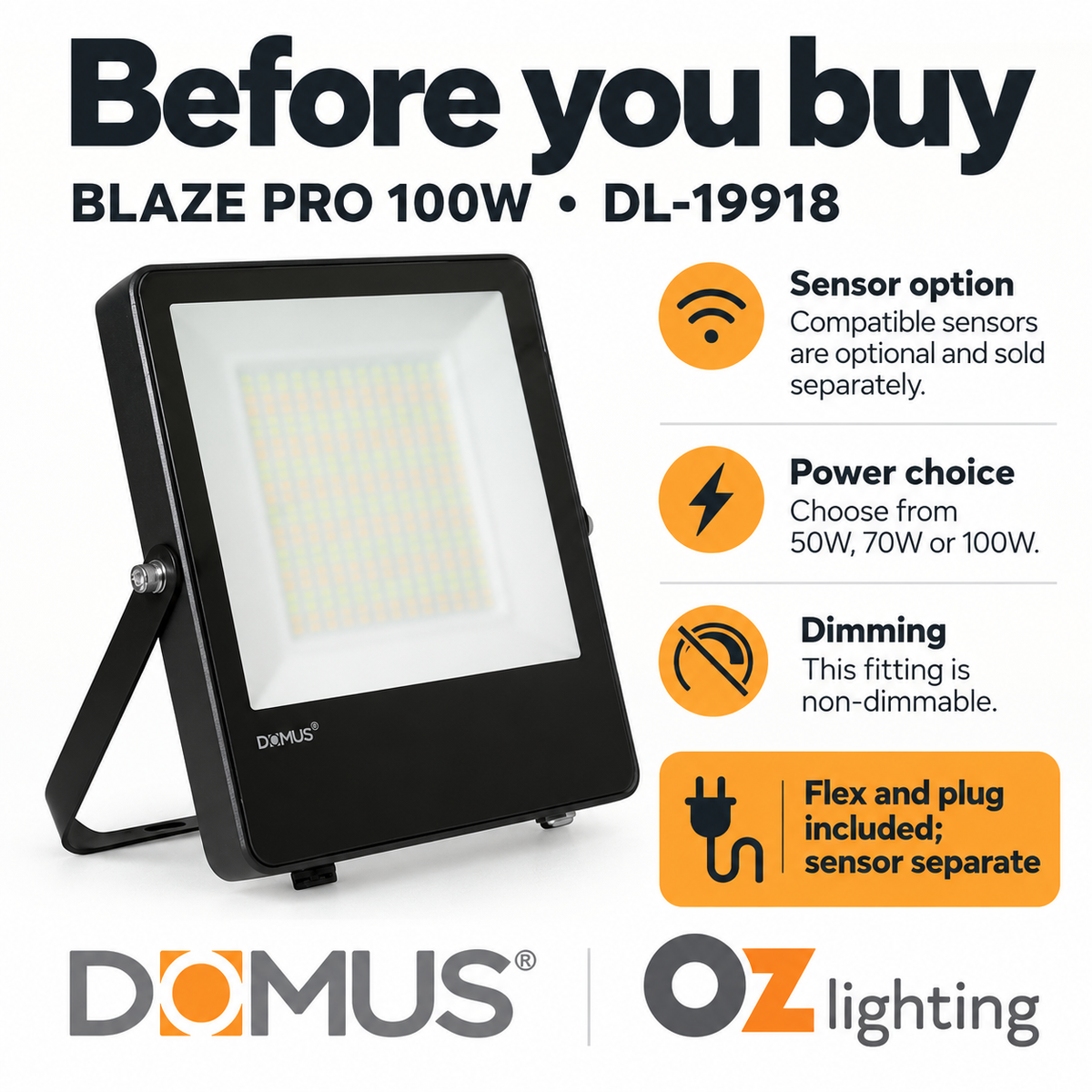 Domus BLAZE-PRO-100 LED Floodlight - 50/70/100W, Tri-Colour, Power Selectable, DIY, IP66, Black, Sensor — Practical choosing and inclusion advice — Ozlighting