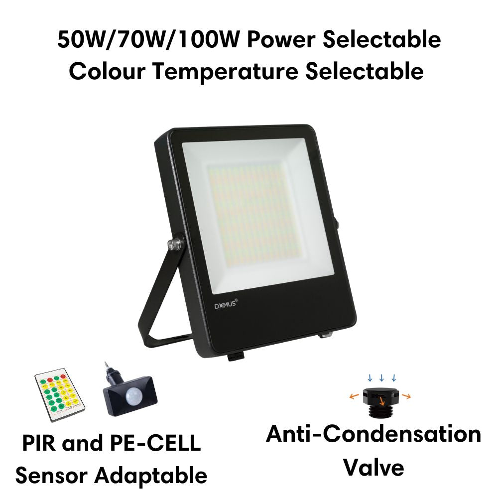 Domus BLAZE-PRO-100 LED Floodlight - 50/70/100W, Tri-Colour, Power Selectable, DIY, IP66, Black, Sensor-Domus Lighting-Ozlighting.com.au