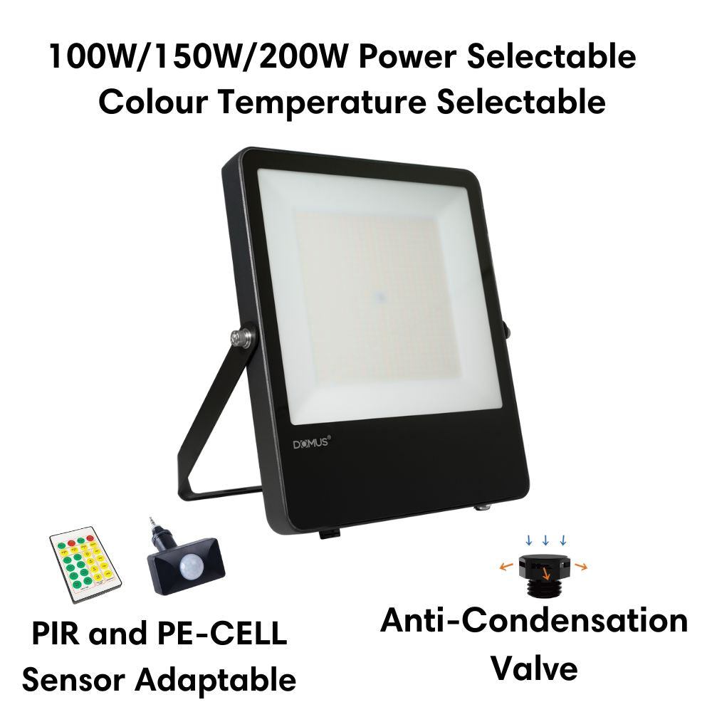 Domus BLAZE-PRO-200 LED Floodlight - 100/150/200W, Tri-Colour, Power Selectable, DIY, IP66, Black, Sensor-Domus Lighting-Ozlighting.com.au