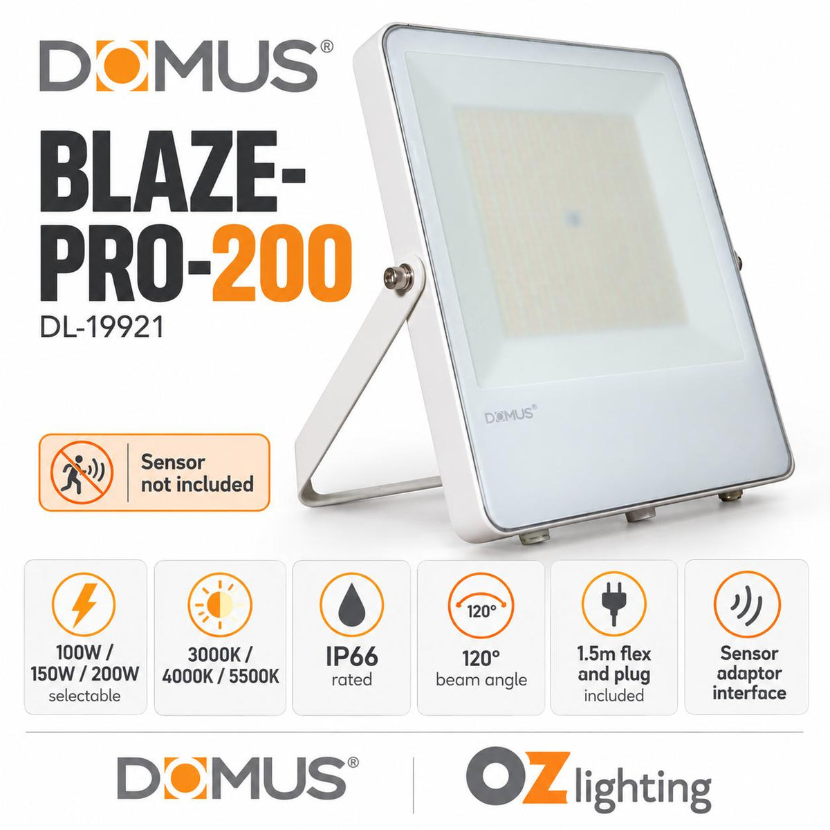 Domus BLAZE-PRO-200 LED Floodlight - 100/150/200W, Tri-Colour, Power Selectable, DIY, IP66, White, Sensor-Domus Lighting-Ozlighting.com.au