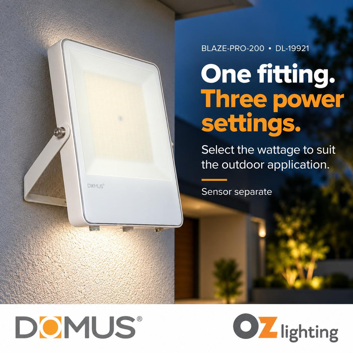 Domus BLAZE-PRO-200 LED Floodlight - 100/150/200W, Tri-Colour, Power Selectable, DIY, IP66, White, Sensor-Domus Lighting-Ozlighting.com.au