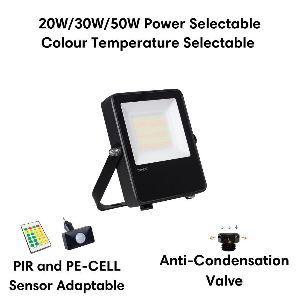 Domus BLAZE-PRO-50 LED Floodlight - 20/30/50W, Tri-Colour, Power Selectable, DIY, IP66, Black, Sensor-Domus Lighting-Ozlighting.com.au
