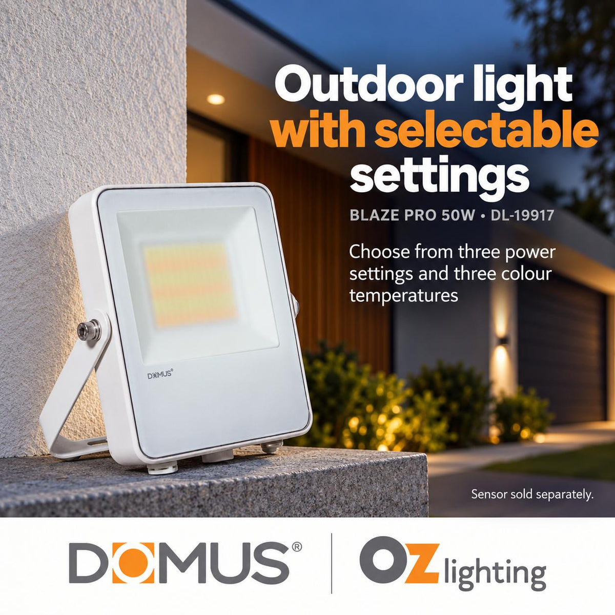 Domus BLAZE-PRO-50 LED Floodlight - 20/30/50W, Tri-Colour, Power Selectable, DIY, IP66, White, Sensor-Domus Lighting-Ozlighting.com.au