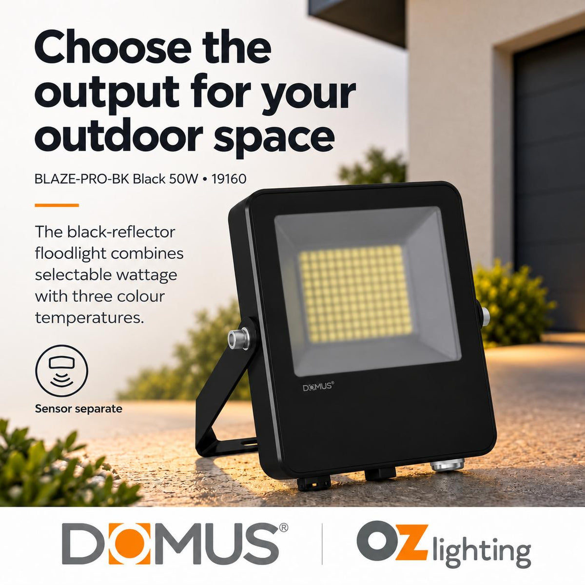 Domus BLAZE PRO BK LED Floodlight - 50/100W/200W, Tri-Colour, Black-Domus Lighting-Ozlighting.com.au