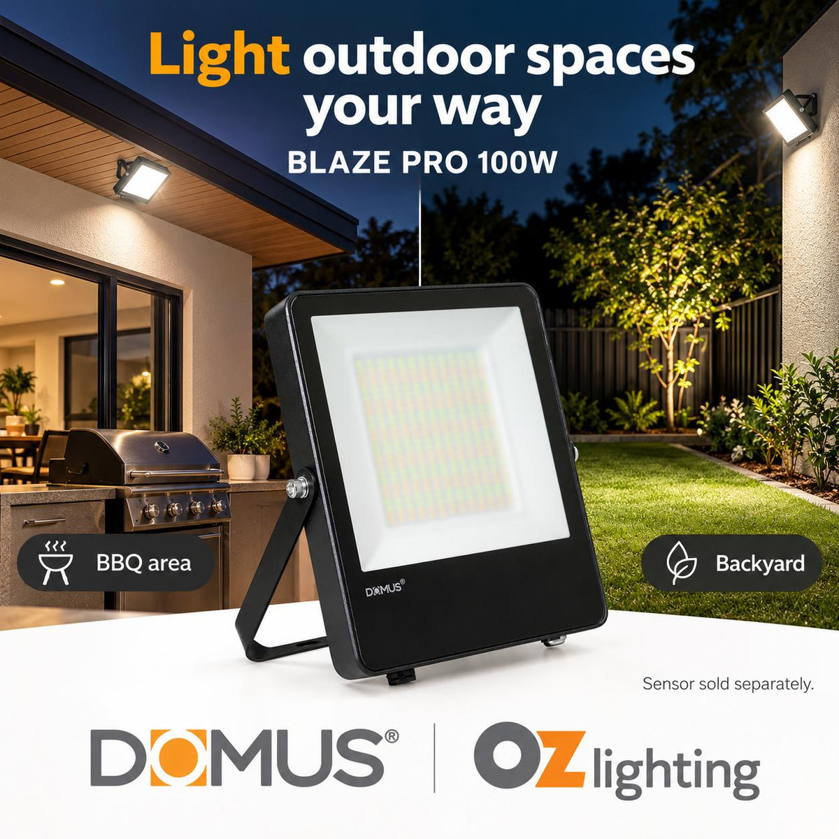 Domus BLAZE PRO LED Floodlight - 50W/100W/200W, 240V, Tri-Colour, Black-Domus Lighting-Ozlighting.com.au