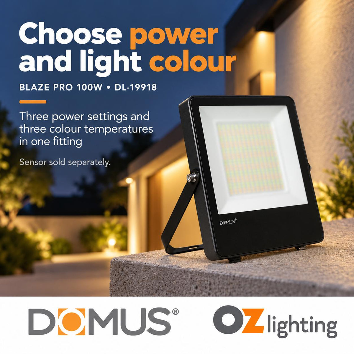 Domus BLAZE PRO LED Floodlight - 50W/100W/200W, 240V, Tri-Colour, Black-Domus Lighting-Ozlighting.com.au