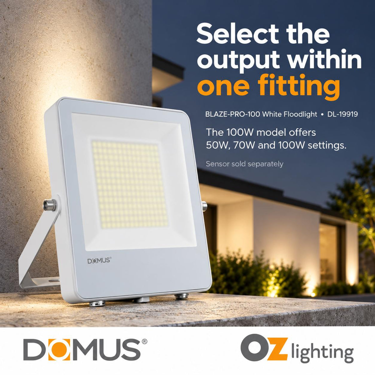 Domus BLAZE PRO LED Floodlight - 50W/100W/200W, 240V, Tri-Colour, White-Domus Lighting-Ozlighting.com.au